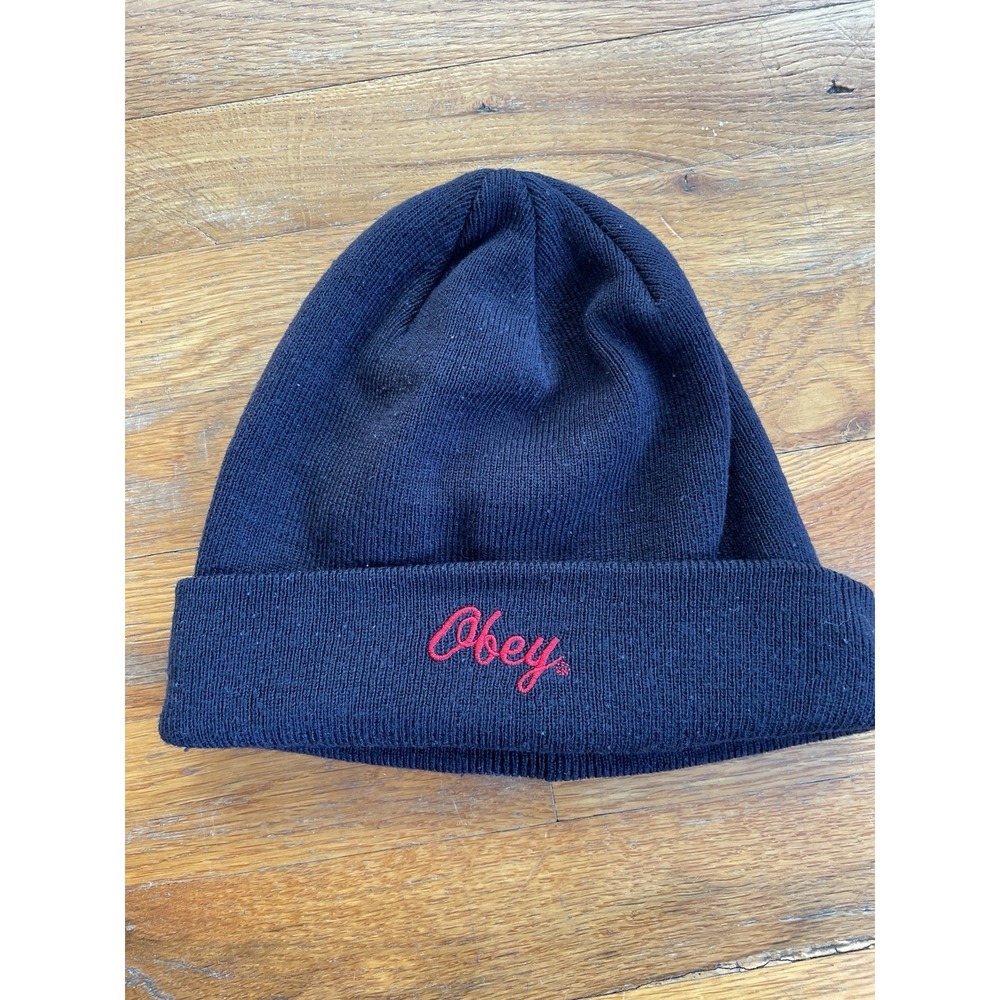Obey Men's Hat Black 100% Acrylic Beanie Script Red Embroidered Spell Out